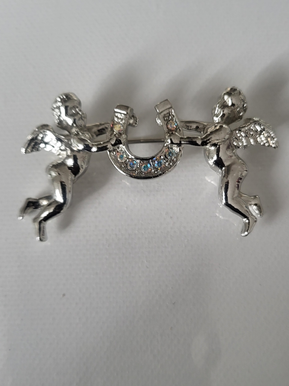 Kirks Folly Silver Cherub Horseshoe Brooch with Aurora Borealis Crystals